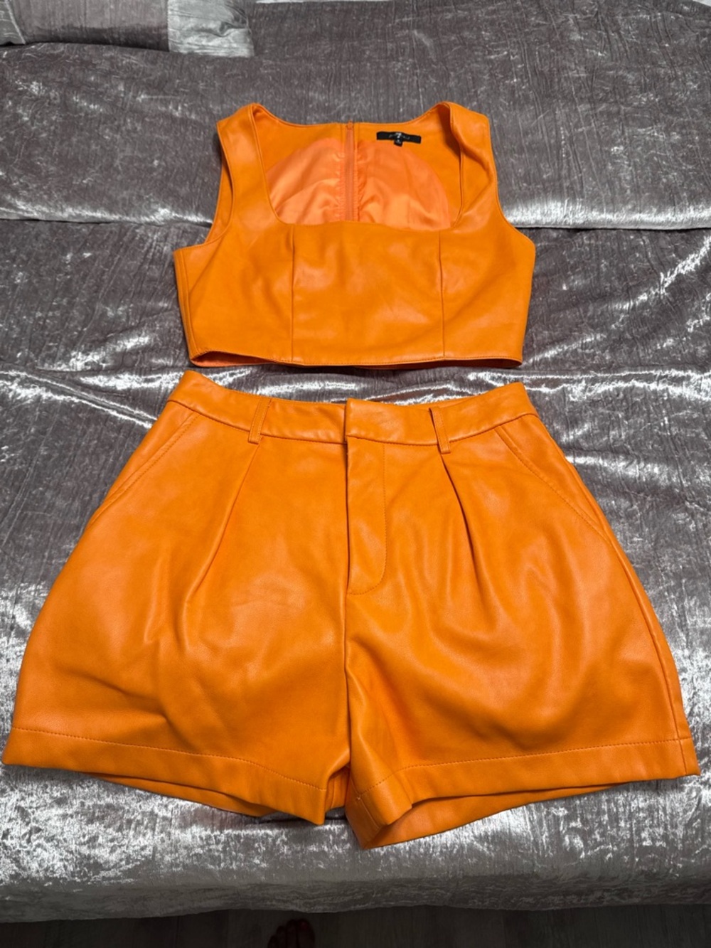 7 for all Mankind SMALL Orange Faux Leather 2-Piece Crop Top & High-Waist Shorts